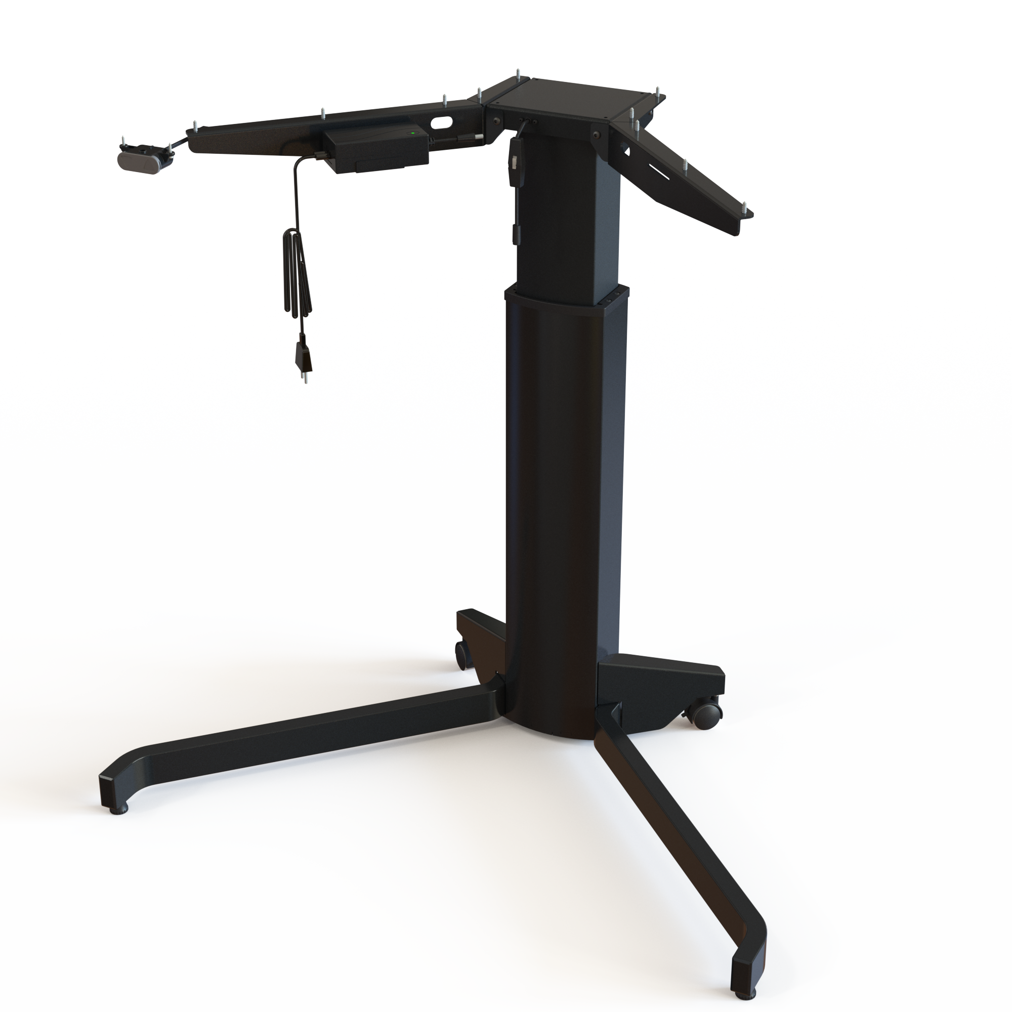 Piétement assis-debout 1 colonne, thermolaqué noir. Taille 117 cm. Hauteur de table réglable en continu 68120 cm. Capacité de levage 80 kg.