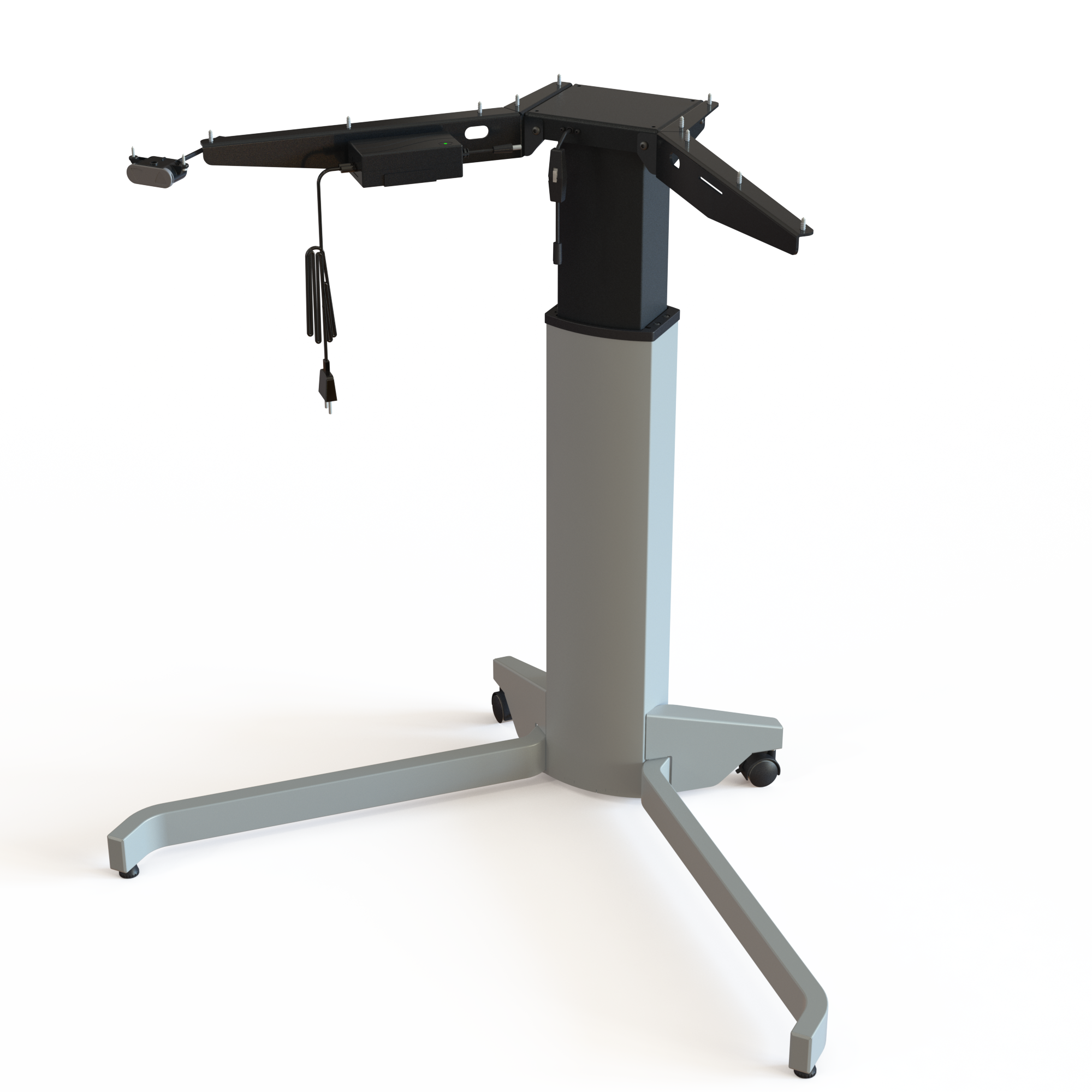 Piétement électrique 1 colonne, laqué argent. Largeur du cadre 117 cm. Réglage de la hauteur 68120 cm. Capacité de levage du cadre 80 kg.