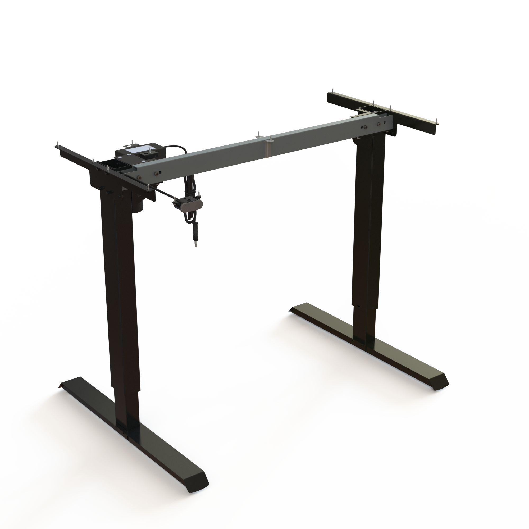 Piétement de bureau ergonomique, en acier, thermolaqué noir. Largeur du cadre 92 cm. Réglage électrique 68119 cm. Peut supporter 60 kg.