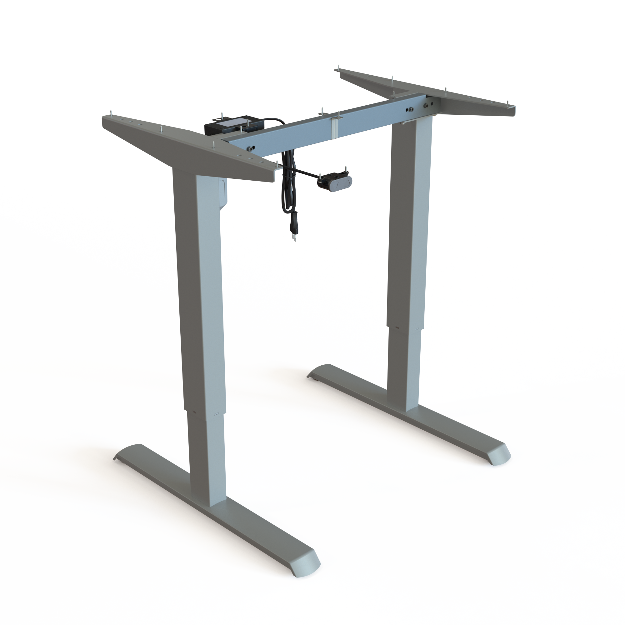 Piétement assis-debout à 2 colonnes de levage, laqué argent. Largeur du cadre 72 cm. Hauteur de table réglable en continu 68118 cm. Capacité de levage du cadre 80 kg.