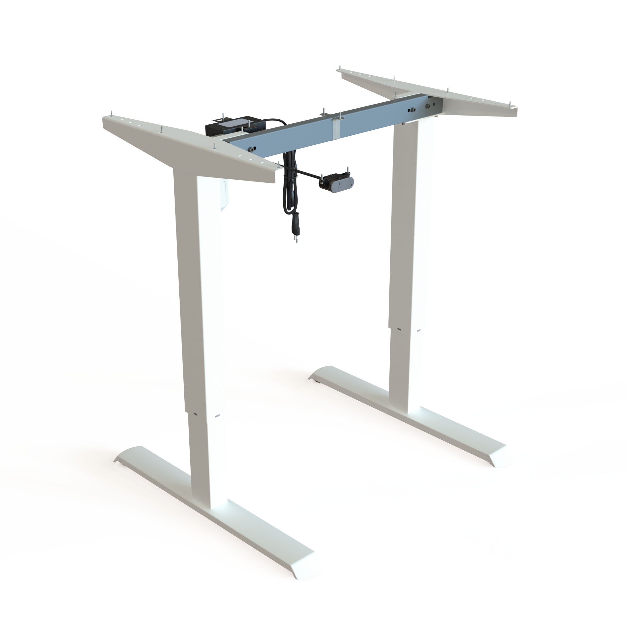 Piétement réglable à 2 pieds, thermolaqué blanc. Largeur du cadre 72 cm. Réglage électrique 68118 cm. Peut supporter 80 kg.