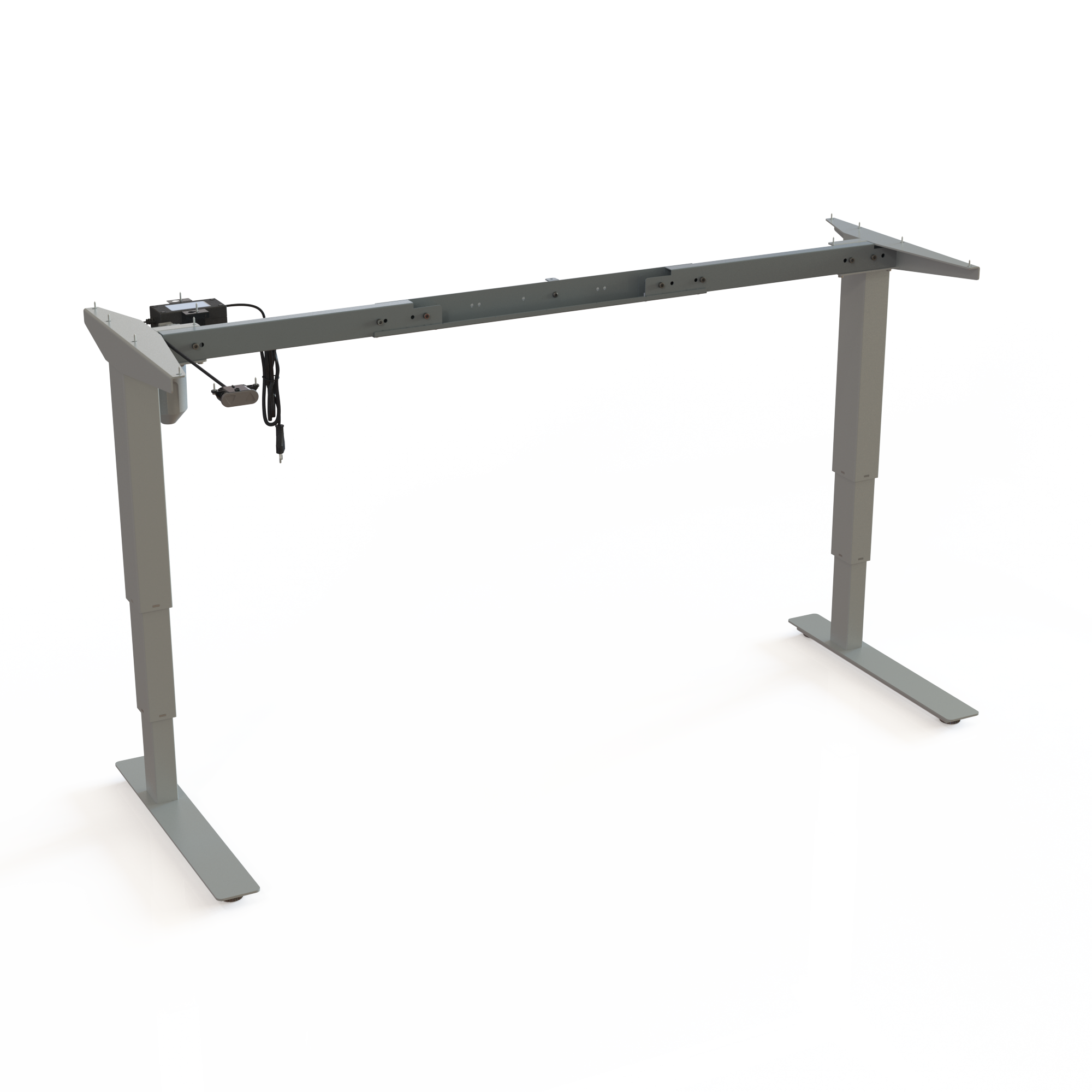 Piétement ergonomique de bureau laqué argent. Largeur variable 112152 cm. Hauteur 57122 cm. Peut supporter 100 kg.