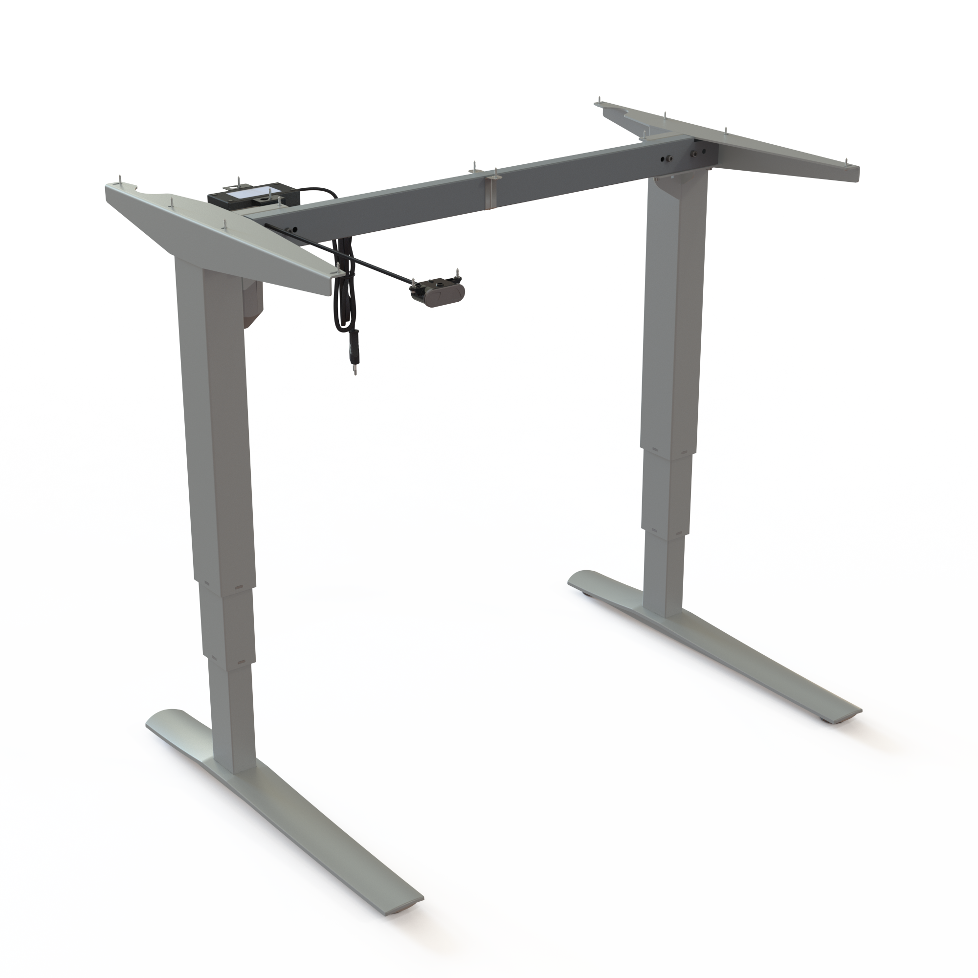 Piétement assis-debout à 2 colonnes de levage, laqué argent. Largeur du cadre 92 cm. Réglage électrique 62130 cm. Capacité de charge 100 kg.