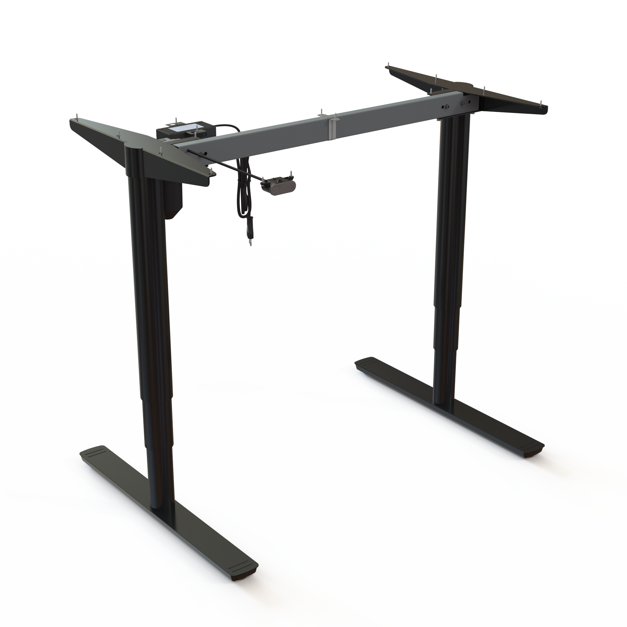 Piétement de bureau assis-debout, thermolaqué noir. Largeur du cadre 92 cm. Réglable dans l'intervalle 65125 cm. Capacité de charge dynamique 100 kg.