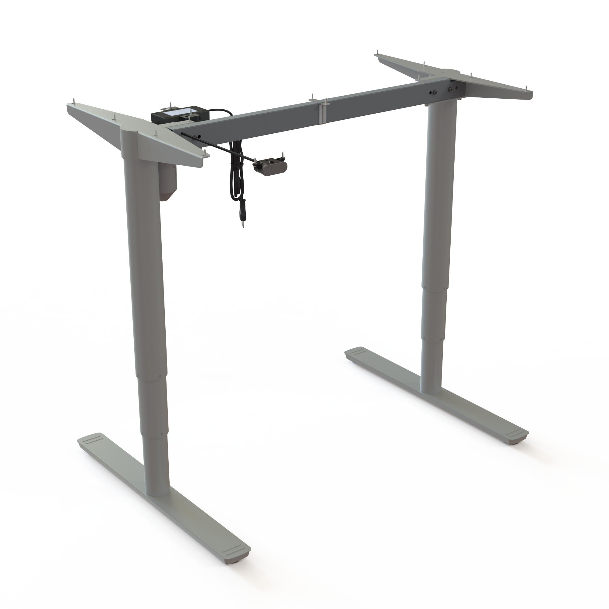 Piétement de table électrique, laqué argent. Largeur du cadre 92 cm. Plage de réglage 65125 cm. Soulève facilement 100 kg.